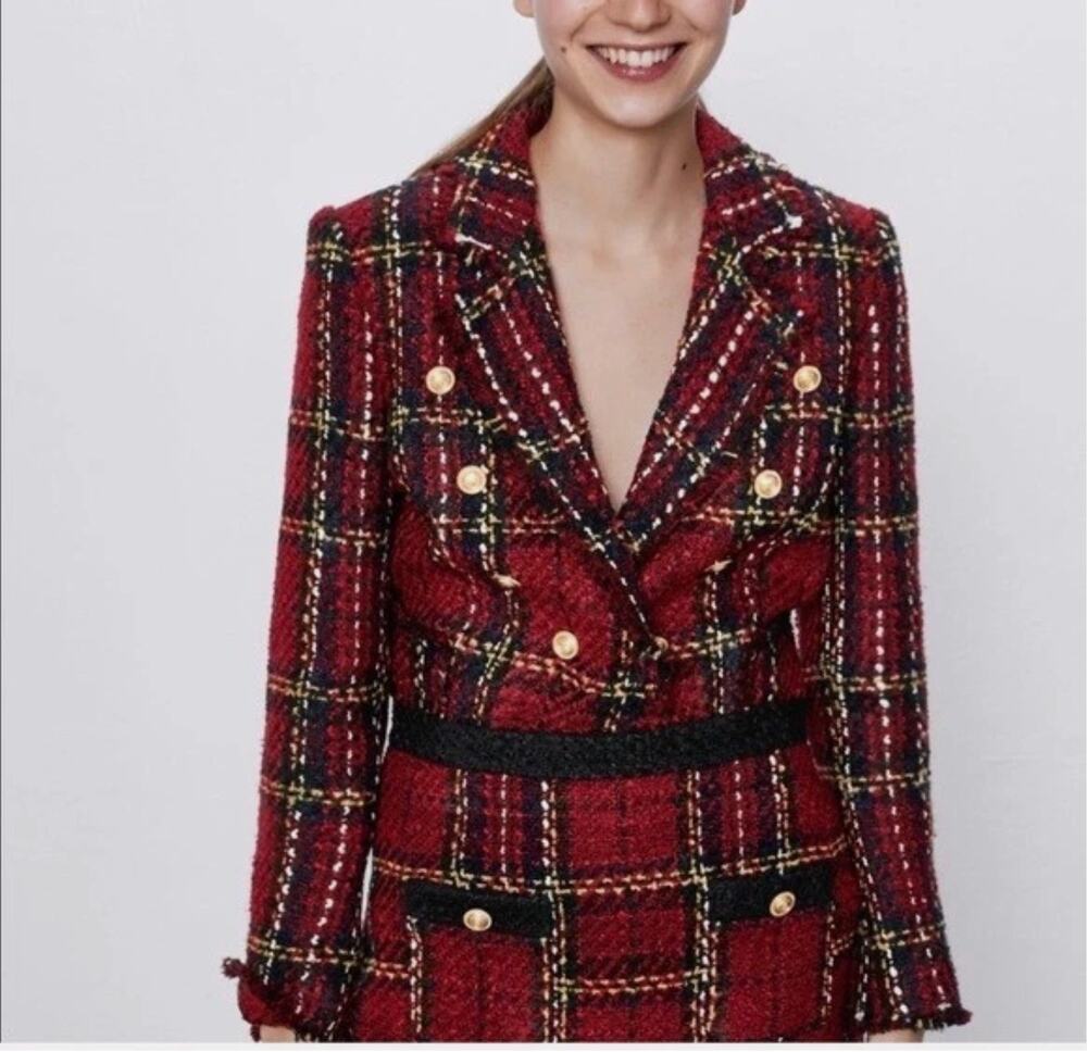 Zara Double Breasted Checkered Blazer Red